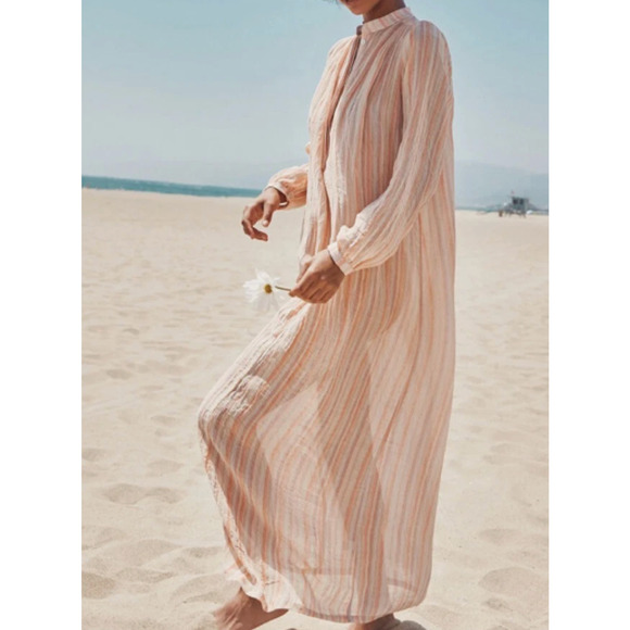 Christy Dawn Dresses & Skirts - Christy Dawn Riley Maxi Coverup Dress In Salmon Stripe XS Bohemian Beach Gauze